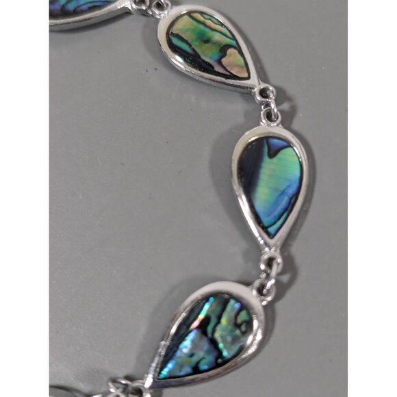 Beachy Coastal Blue Abalone Shell Teardrop Chain Bracelet Silver Tone 7" - Picture 4 of 6
